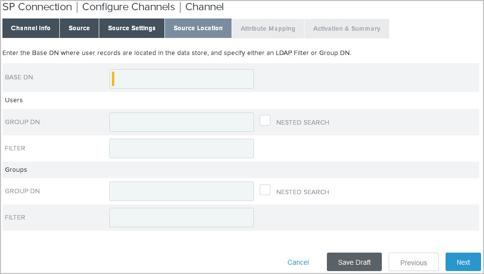 Screen capture illustrating the Source Location tab in the administrative console.