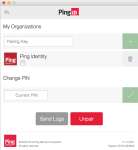 A screen capture of the PingID pairing page displaying the My Organizations and Change PIN sections with the options to Unpair or Send Logs.