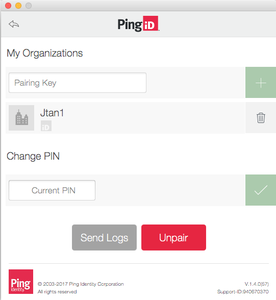 Screen capture illustrating the PingID settings menu.