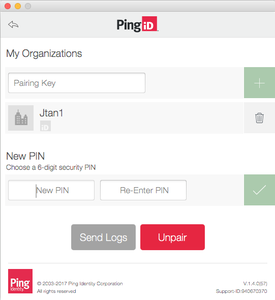 Screen capture illustrating the New PIN fields in the PingID settings menu.