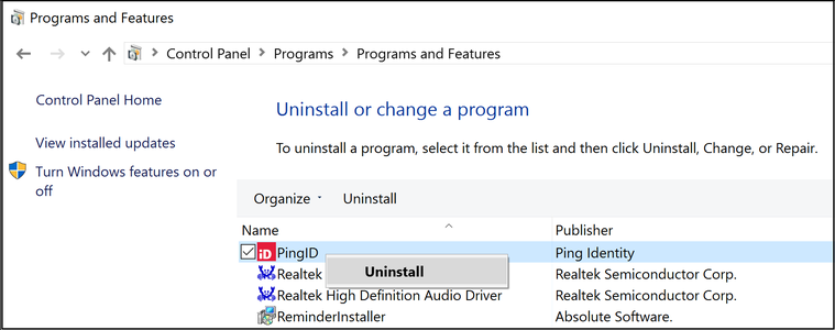 A screen capture illustrating the PingID uninstall option from the Windows Control Panel.