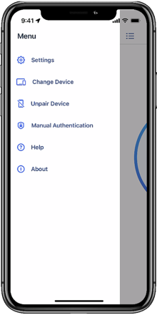 A screen capture showing the menu, with the following options: Settings, Change Device, Unpair Device, Manual Authentication, Help, and About