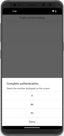 PingID mobile app showing a list of numbers and a message asking you to select the number that matches the number displayed in the authentication screen, or Deny the authentication request