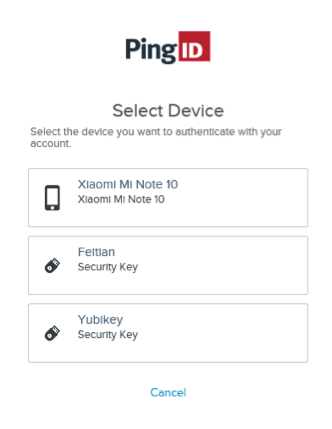 Select Device window for passwordless authentication showing a list of paired devices.