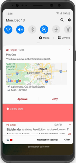 A screen capture of the notification screen including a map showing the location, device type, and browser used by the accessing device, and the option to Approve or Deny the authentication request.