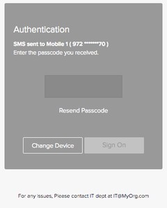 A screen capture of the Authentication window, requesting you to enter the authentication passcode sent through SMS.