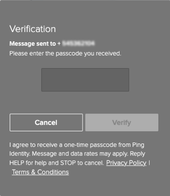 A screen capture of the SMS verification window, requesting that you enter the SMS passcode that you received.