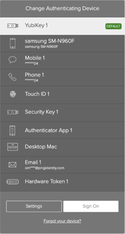 A screen capture of the Change Authenticating Device window displaying a selected authentication device from the list of all your available devices with the Sign On or Settings options.