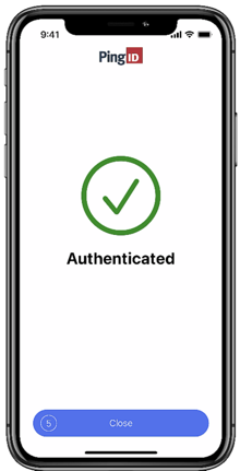 Screen capture of the Authenticated screen, showing a green check mark indicating authentication was successful, and a Close button