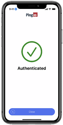 A screen capture of the green Authenticated message with a check mark indicating successful authentication and your access is approved. The Close button is also visible, with a counter indicating the window will close automatically after 5 seconds, even if it is not explicitly selected.