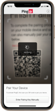 An image of an iPhone screen with the Pair Your Device prompt and the mobile camera activated to capture the QR code.