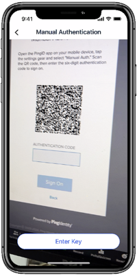 A screen capture of the Manual Authentication window, showing the mobile app scanning the QR code that is displayed on the user’s computer. The Enter Key button is show, and allows the user to enter an authentication key, if they want to sign on to their company VPN.