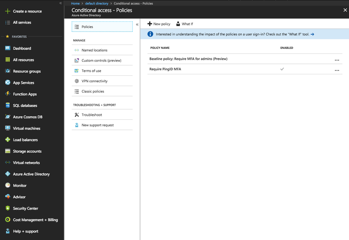 Screen capture of the conditional access policy in the Azure AD Policies list