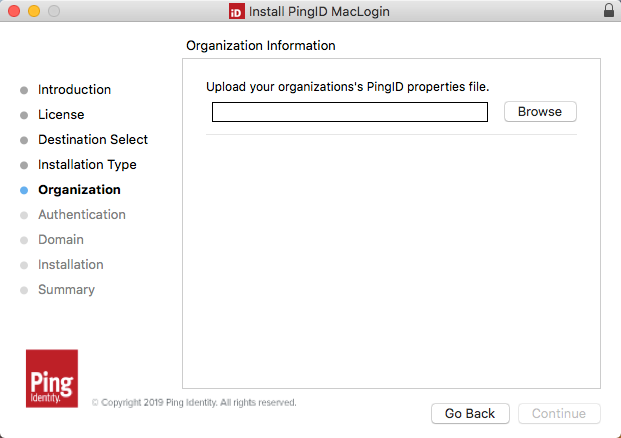 A screen capture of the Mac login installation - Organization information page.