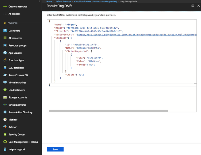 Screen capture of the customized controls JSON input field in Azure AD.