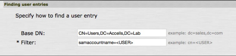 A screen capture of the Finding User Entries section in the Juniper UI. The Base DN field shows the example DN: CN=Users, DC=Accells, DC=Lab. The Filter field has an asterisk next to it and shows the value samaccountname=<USER>.