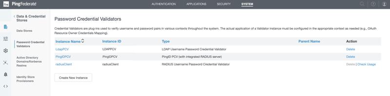 A screen capture of the Manage Credential Validator Instances window.