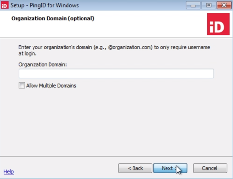 A screen capture of the Setup - PingID for Windows process - Organization Domain (optional) step for entering your organization’s domain to only require username at login and the field to enter the domain.