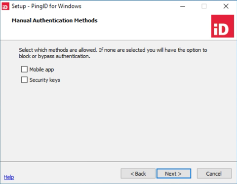 A screen capture of the Setup - PingID for Windows process - Manual Authentication Methods step for selecting which methods are allowed.