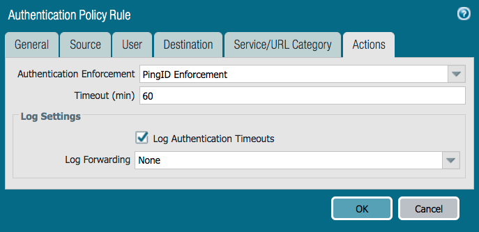 A screen capture of the Actions tab with the Authentication Enforcement field showing the selected authentication enforcement previously created.