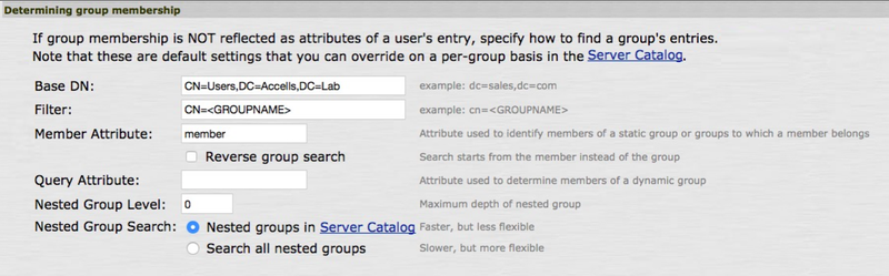 A screen capture of the Determining Group Membership section in the Juniper UI. The Base DN field shows the example DN: CN=Users, DC=Accells, DC=Lab. The Filter field shows the value CN=<GROUPNAME>. The Member Attribute field shows the value member. After the Member Attribute field is a check box for Reverse group search. This check box is not selected. The Query Attribute field is blank. The Nested Group Level field shows a value of 0. The Nested Group Search shows two radio button options for Nested groups in Server Catalog and Search all nested groups. The Nested groups in Server Catalog button is clicked.