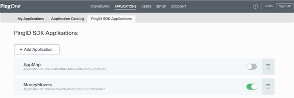 Screen capture illustrating the PingID SDK Applications tab in the administrator web portal.