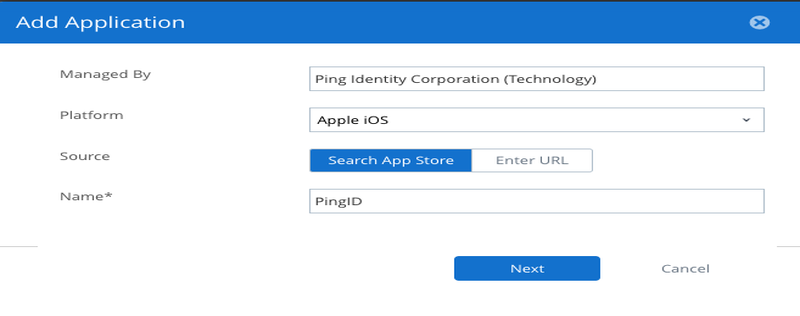 Screen capture of the Add Application window showing the Source field. The Source field has two options: Search App Store and Enter URL. The Search App Store option is selected.