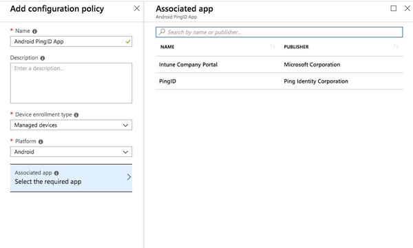 A screen capture of the Associated App tab. In this screen capture, the list of available apps include Intune Company Portal and PingID.