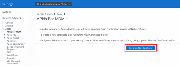 Screen capture of the APNs For MDM section with Generate New Certificate highlighted.