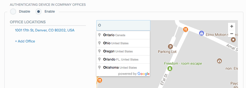 A screen capture of the Office Locations wizard with one defined location and with the search location feature open with an 