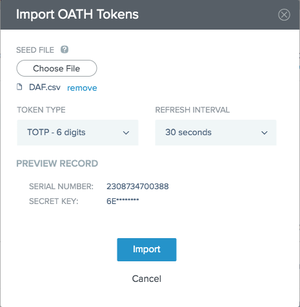 A screen capture of the Import OATH Tokens window.