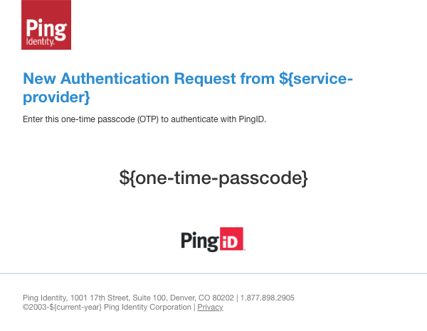 A screen capture of the email message sent to end users when authenticating. It includes a one-time password.