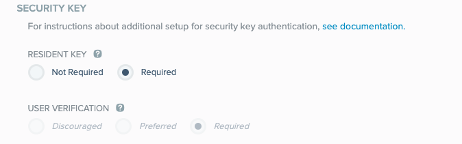 mage showing Resident Key and User Verification configuration options for use with a security key.