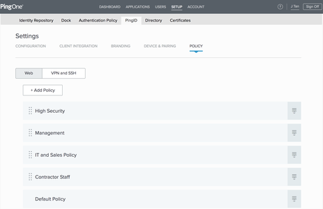 A screen capture of the Policy page displaying a lit of the existing policies.