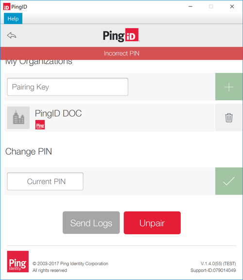 A screen capture of the Incorrect PIN message when changing the PIN.