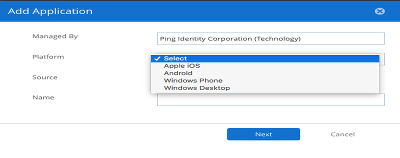 Screen capture of the Add Application window with the Platform list displayed. Platform options include Apple iOS, Android, Windows Phone, and Windows Desktop.