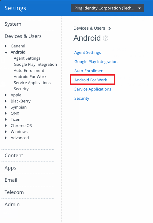 Screen capture of the Devices & Users section with the Android For Work option highlighted.