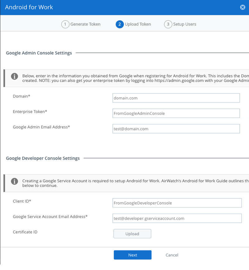 Screen capture of Android For Work showing multiple required fields for Google Admin Console Settings, such as Domain, Enterprise Token, and Google Admin Email Address, and for Google Developer Console Settings, such as Client ID, Google Service Account Email Address, and Certificate ID.