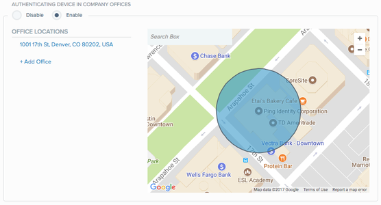 A screen capture of the Office Locations wizard with a defined office location and a blue circle identifying the location on the map.