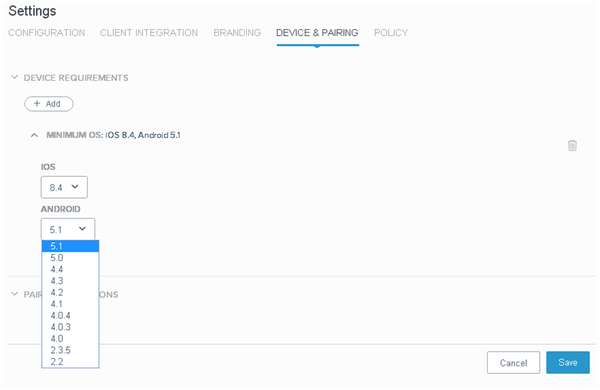 A screen capture of the Device Requirements section with a minimum OS rule configured.