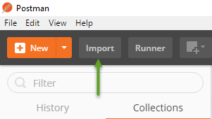 A screen capture of the import button in Postman with a green arrow pointing to it