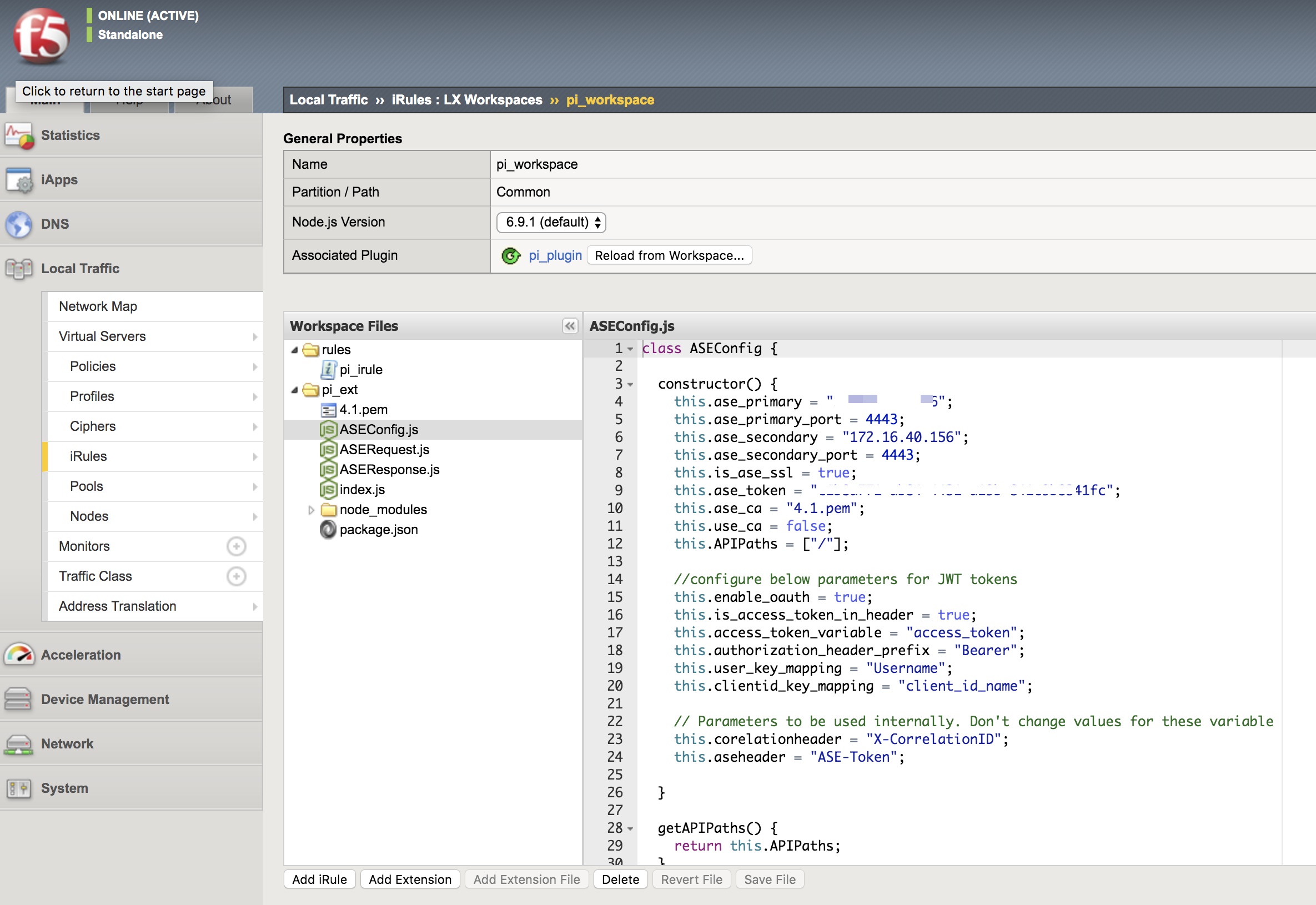 A screen capture of the ASEConfig.js file open in the policy editor.