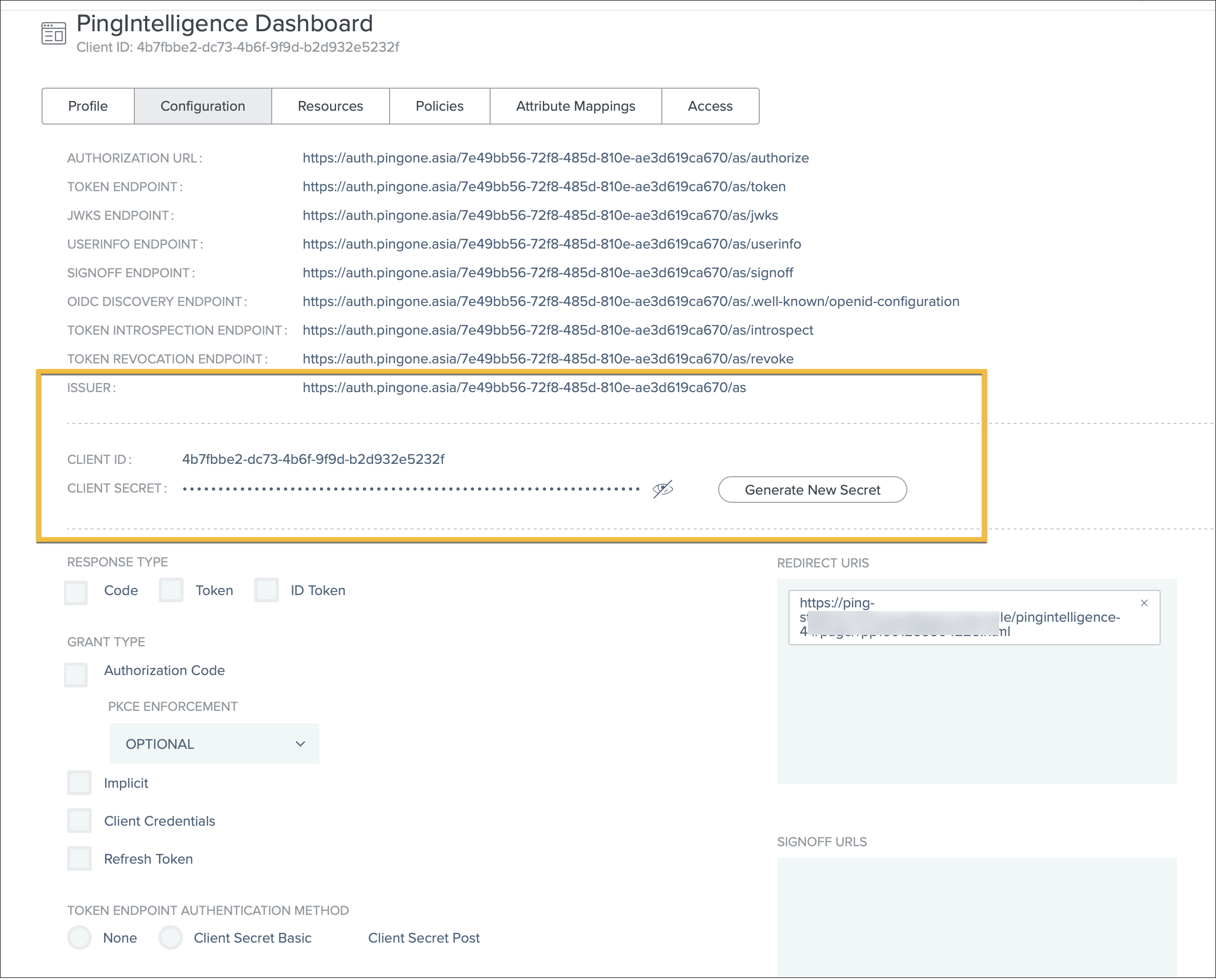 PingOne Configuration screen for PingIntelligence Dashboard