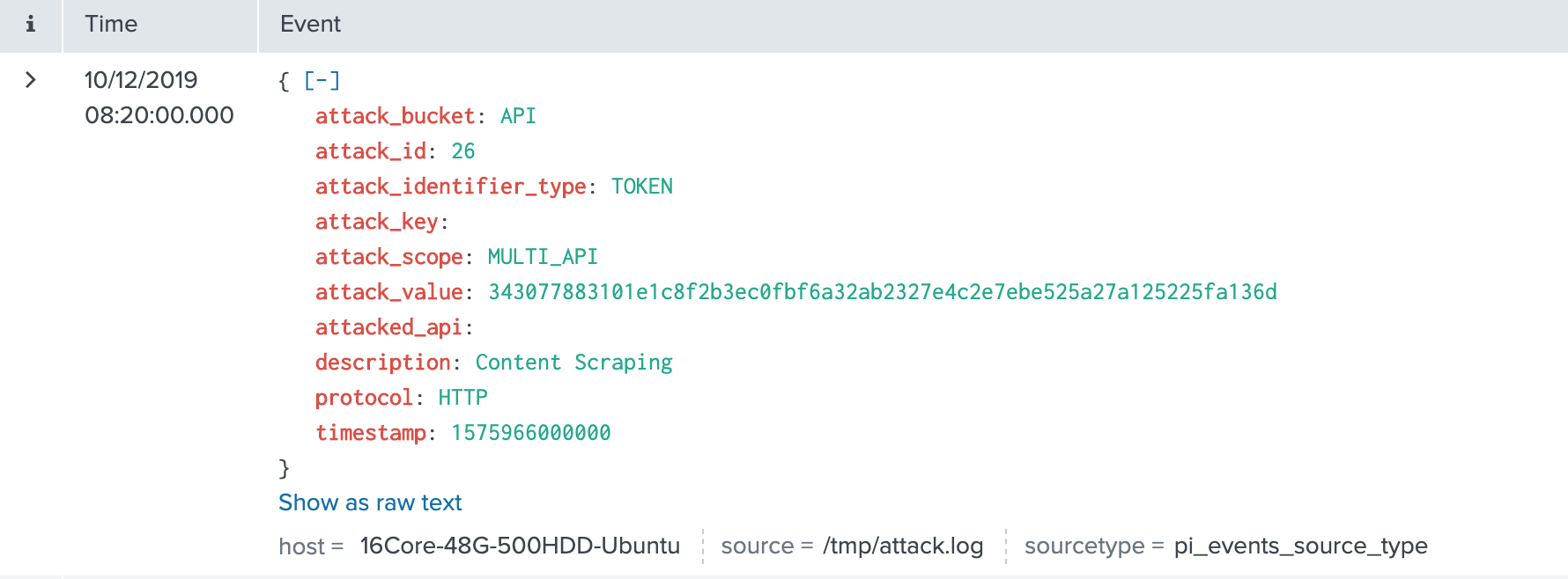 A screenshot of attack data captured in Splunk.