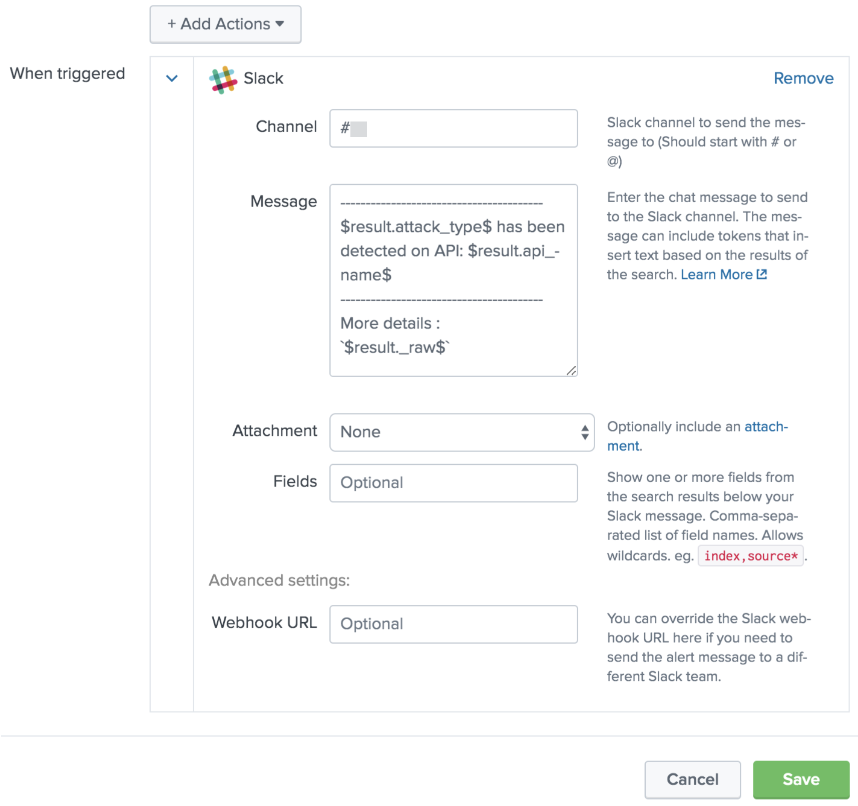 A screenshot of Alert Actions page in Splunk.