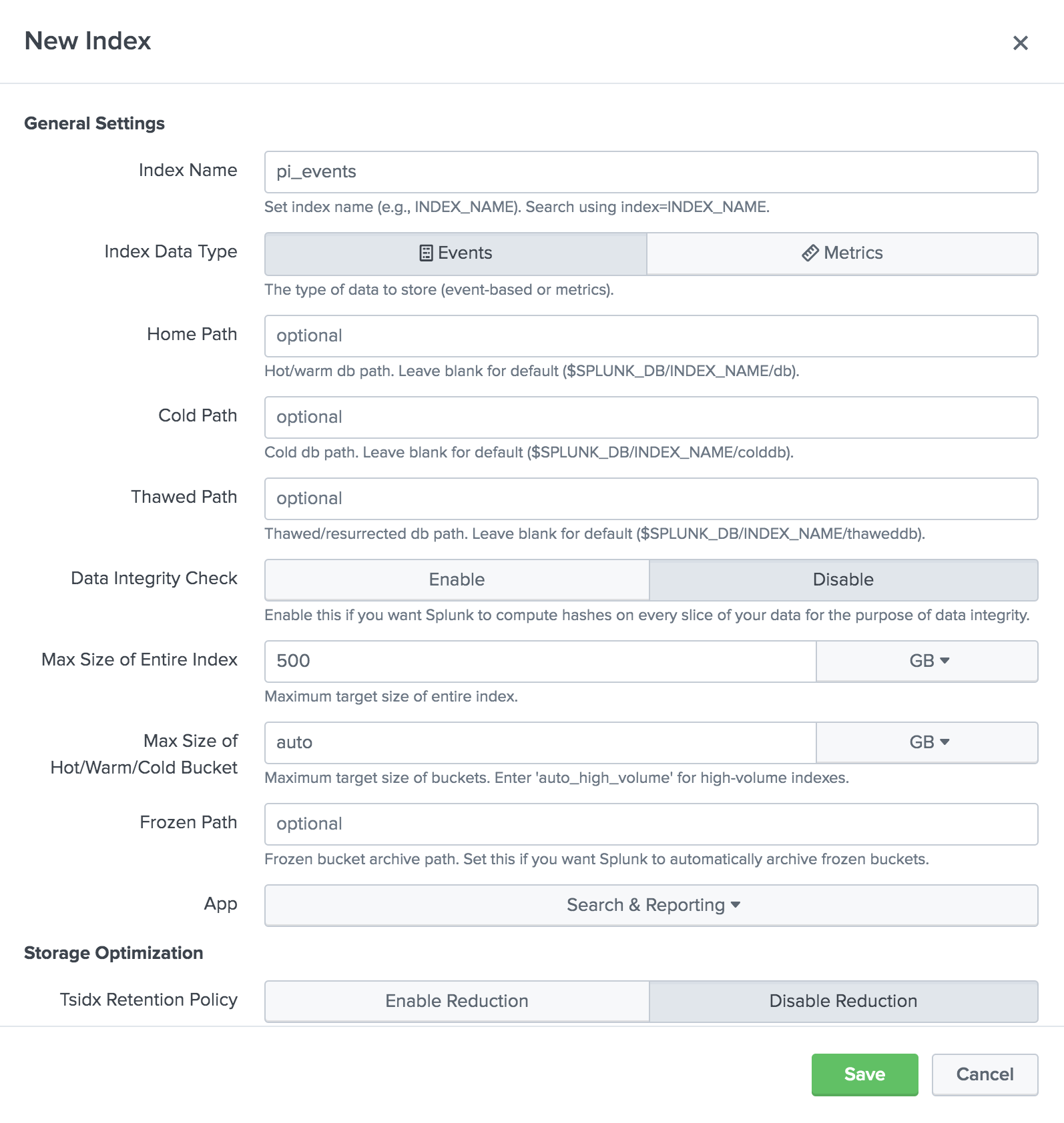 A screenshot of the New Index page in PingIntelligence.