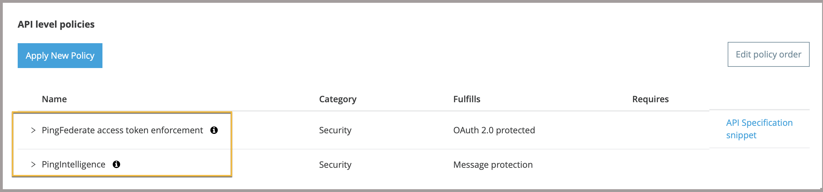 A screen capture of the API level policies page with two policies highlighted with a yellow square.