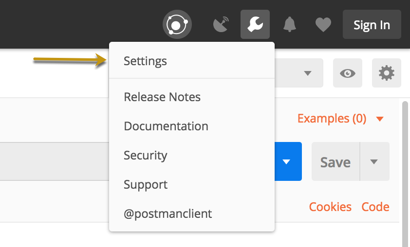 A screenshot of the Settings drop-down menu in the Postman client.