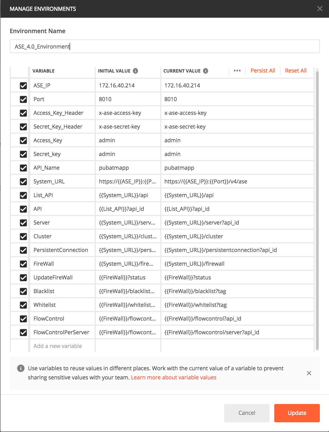 A screen capture of the Manage Environments window with variables and values shown for the ASE_4.0_Environment