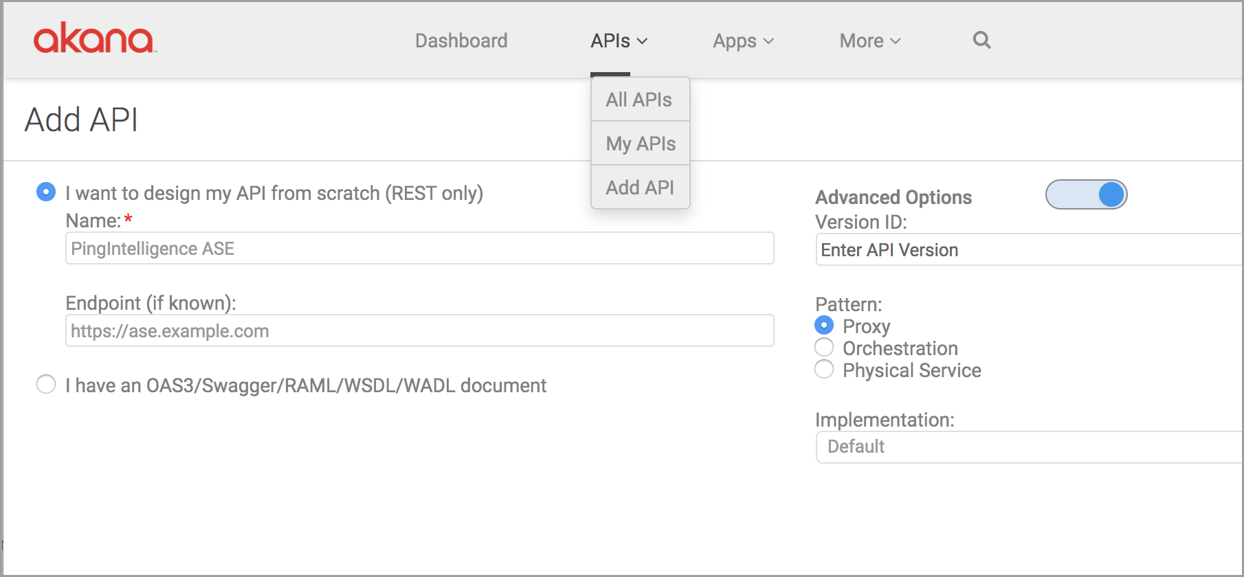 A screenshot of the Add API page in the Akana portal.